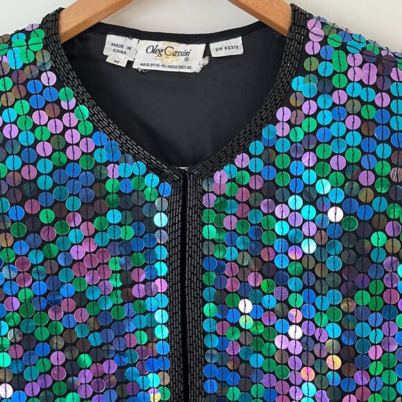 VTG Oleg Cassini All Over Sequin Silk Jacket Glam Evening Colorful Oversized M - Picture 7 of 15